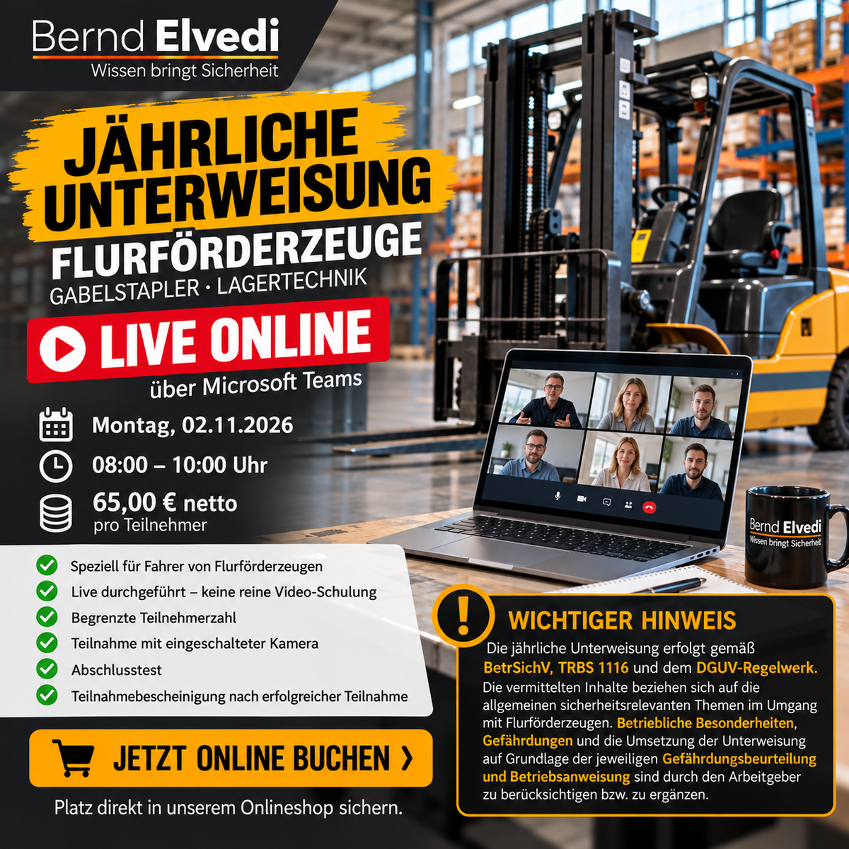 Online-Unterweisung Flurförderzeuge – 02.11.2026  8:00-10:00Uhr